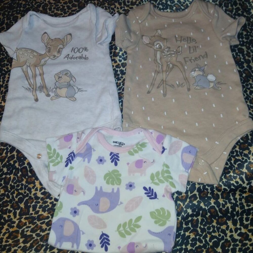 Disney Bambi & Elephant Baby Onesie Bundle (3-Pack